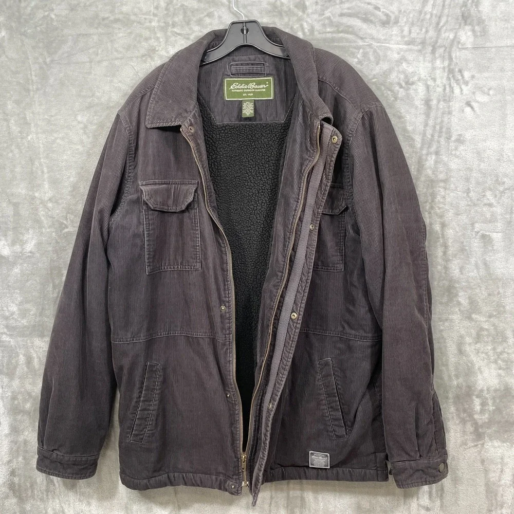 Eddie Bauer Jacket Mens  XL Tall  Gray Corduroy Sherpa Lined Workwear Chore Barn
